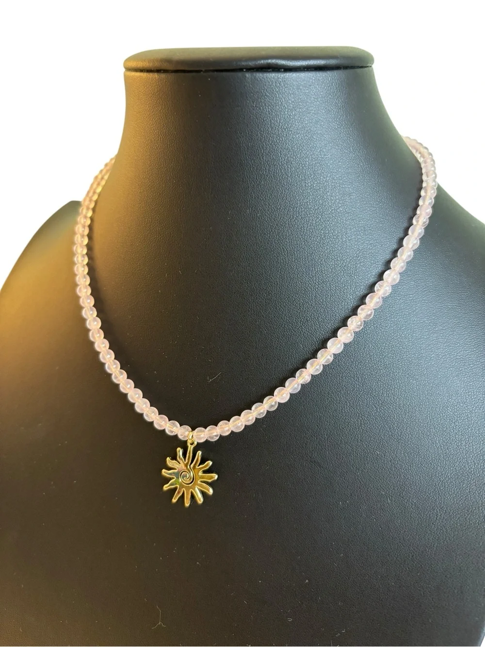 Luna Norte Genuine Rose Quartz Beaded Necklace w/ Brass Sun Pendant.